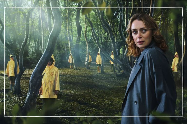 a close up of The Midwich Cuckoos poster with Keeley Hawes surrounded by children in yellow 