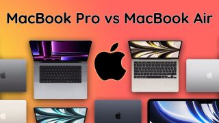 A collection of MacBooks on an orange gradient background