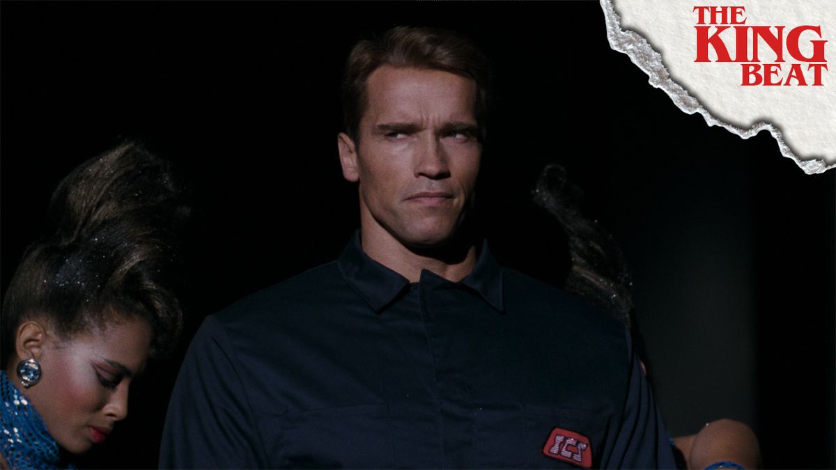 Arnold Schwarzenegger looking tough in The Running Man The King Beat