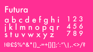 White text displaying the sans serif font Futura on a bright pink background.