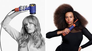 Woman using Dyson Supersonic hair dryer (left) and Airwrap (right) to dry hair