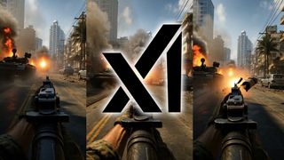 The xAI logo over a screenshot from an AI-generated video game