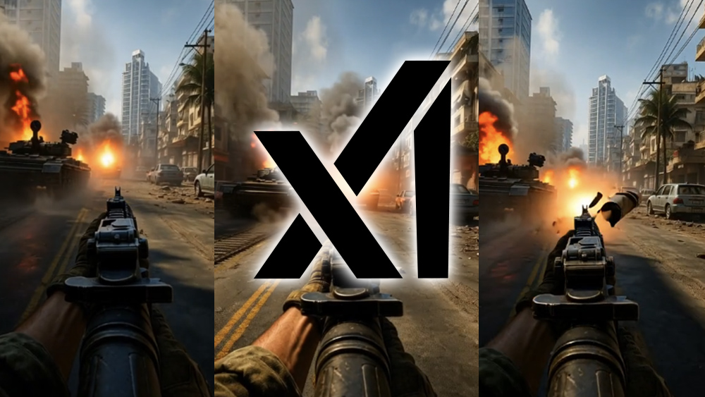 The xAI logo over a screenshot from an AI-generated video game