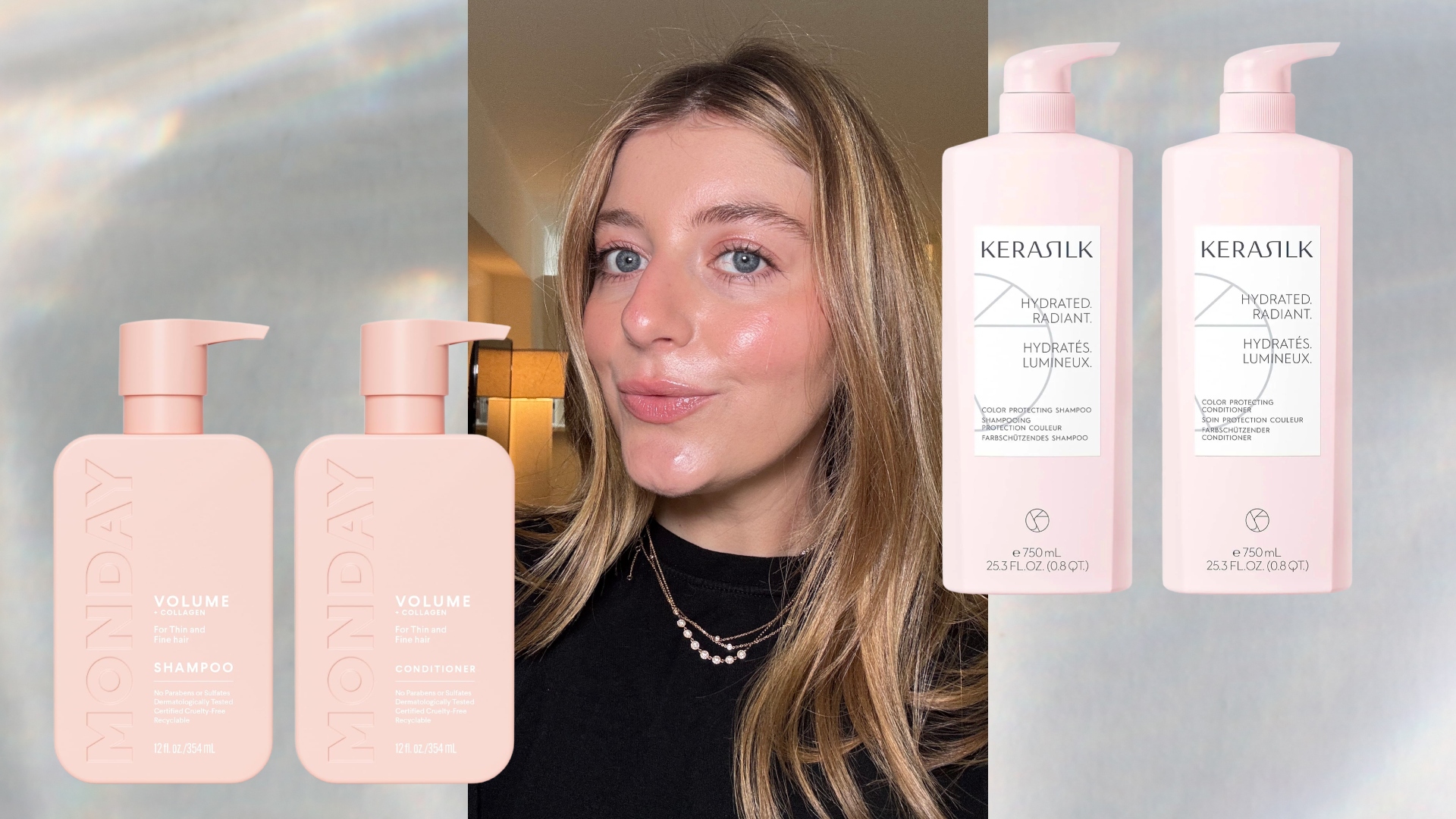 samantha holender with blonde fine hair taking a selfie in her apartment next to two pink shampoo and conditioner sets