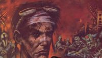 Advertising art of a Fallout vault dweller with demons visible in background.