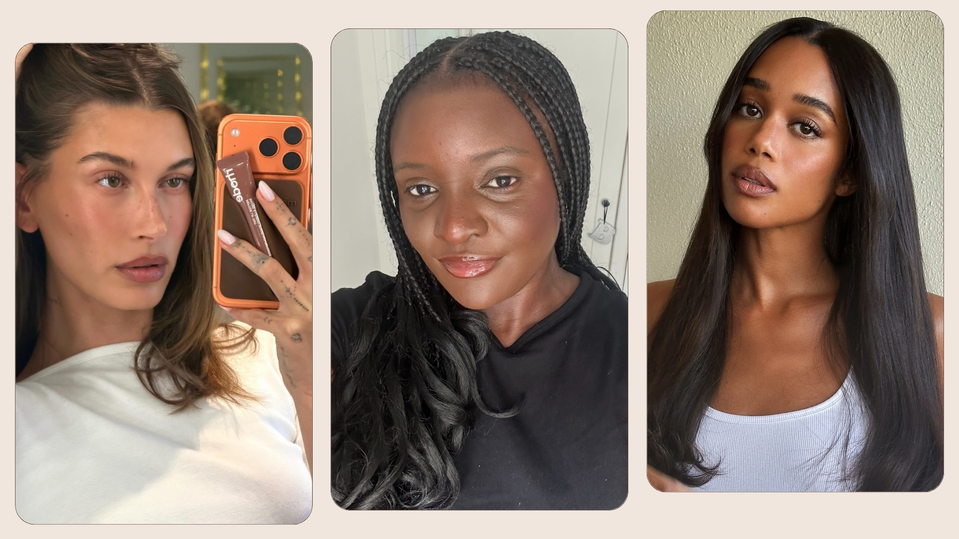 Hailey Bieber, Who What Wear UK's Brittany Davy and Laura Harrier wearing brown lip gloss