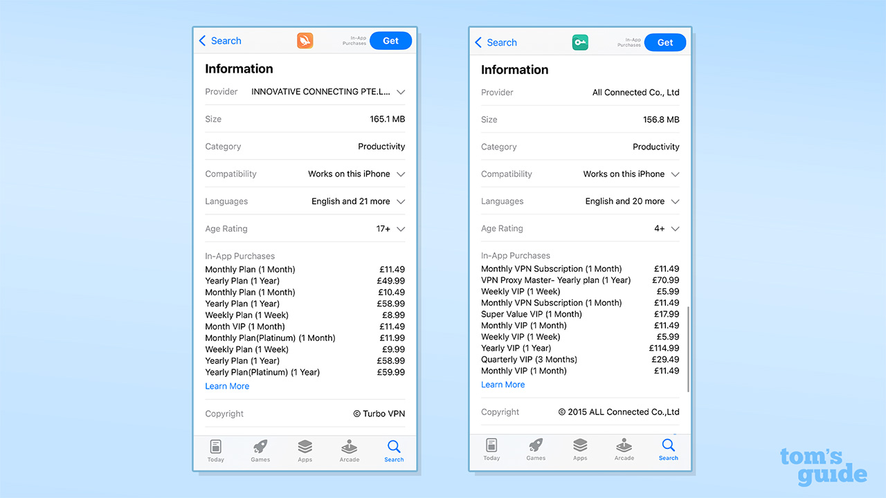 Screenshot of Turbo VPN and VPN Proxy Master in-app purchases