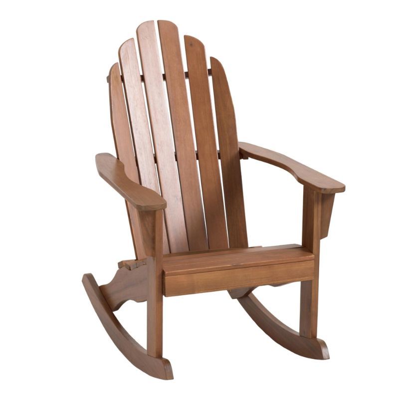 A brown World Market Adirondack rocking chair for the best outdoor furniture brands.