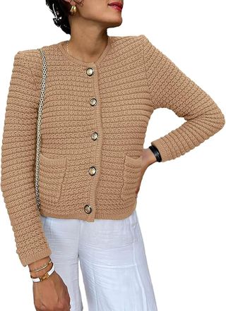 Women's Chunky Knit Open Front Sweater Long Sleeve Button Loose Short Cardigan Outerwear Coats With 2 Pockets (khaki, L)