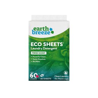 White and green rectangular cardboard box of Laundry detergent sheets from Earth Breeze