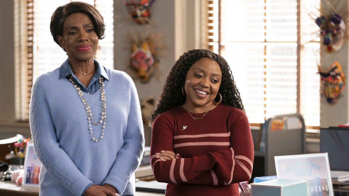 Sheryl Lee Ralph and Quinta Brunson as Barbara and Janine smiling in Abbott Elementary season 2