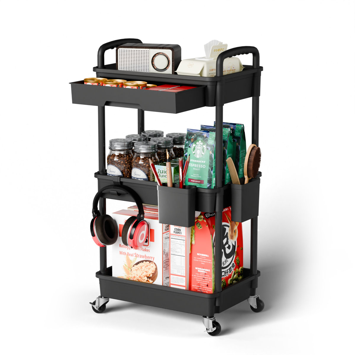 Ebern Designs 3 Tier Rolling Utility Cart With Drawer,utility Cart Made of Multifunctional Storage Organizer Tool for Kitchen,bathroom,living Room,office &amp;amp; Reviews | Wayfair