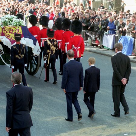 Prince William, Prince Philip, Prince Charles, Prince Harry and Earl Spencer walking behind Princess Diana's coffin