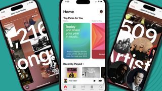 Apple Music Replay on three angled iPhone 15 screens, on teal background