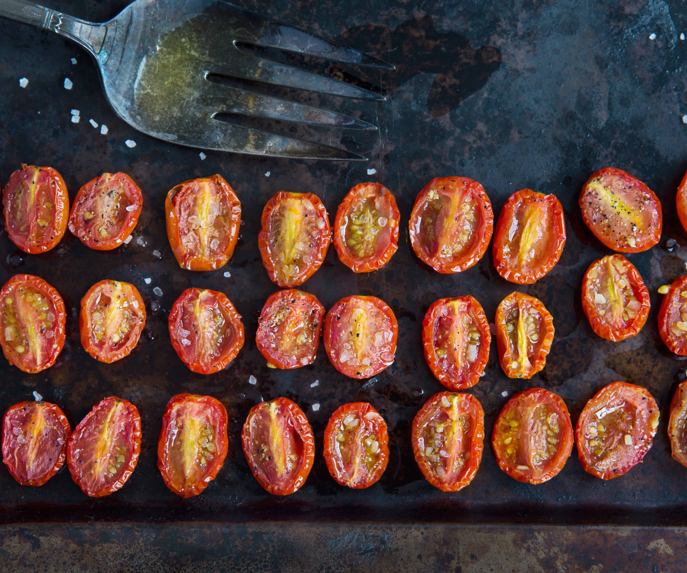 Roast halves of cherry tomatoes