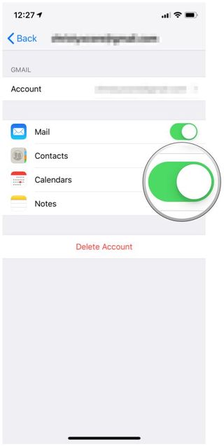 iOS Settings add account, toggle Calendar