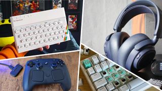 Collage image of gaming hardware accessories split with white lines, including a headset, controller, ZX Spectrum, and keyboard