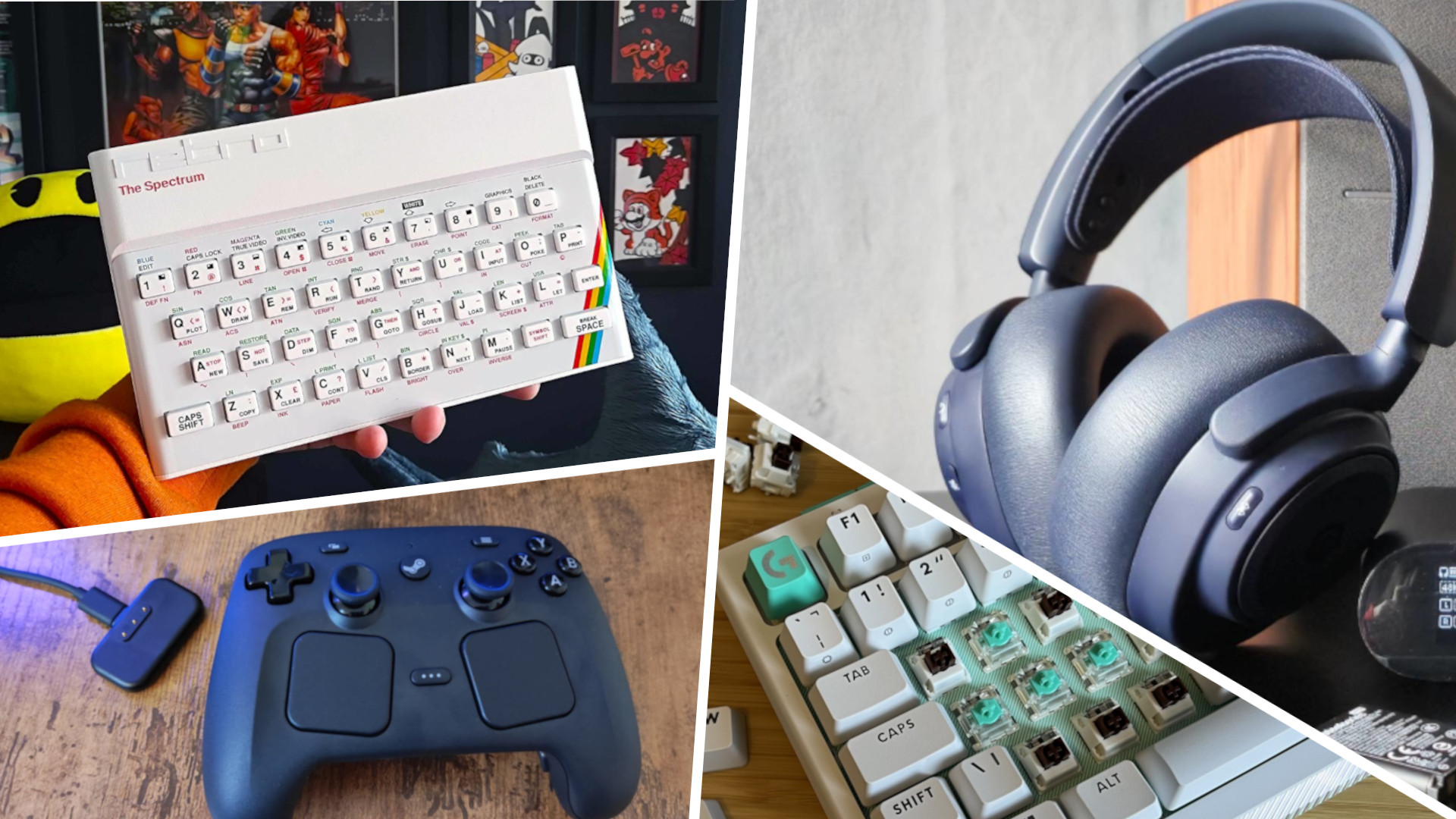 Collage image of gaming hardware accessories split with white lines, including a headset, controller, ZX Spectrum, and keyboard