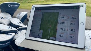 A close up of an iPad with various TrackMan numbers on