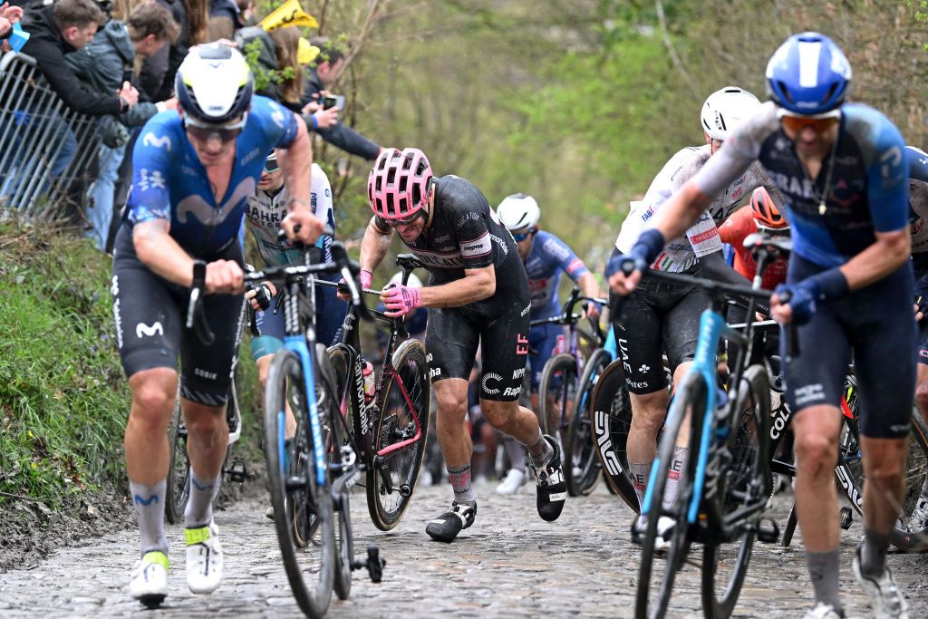 OUDENAARDE BELGIUM MARCH 31 Alberto Bettiol of Italy and Team EF Education EasyPost competes passing through the Taaienberg cobblestones sector during the 108th Ronde van Vlaanderen Tour des Flandres 2024 Mens Elite a 2708km one day race from Antwerpen to Oudenaarde UCIWT on March 31 2024 in Oudenaarde Belgium Photo by Dario BelingheriGetty Images