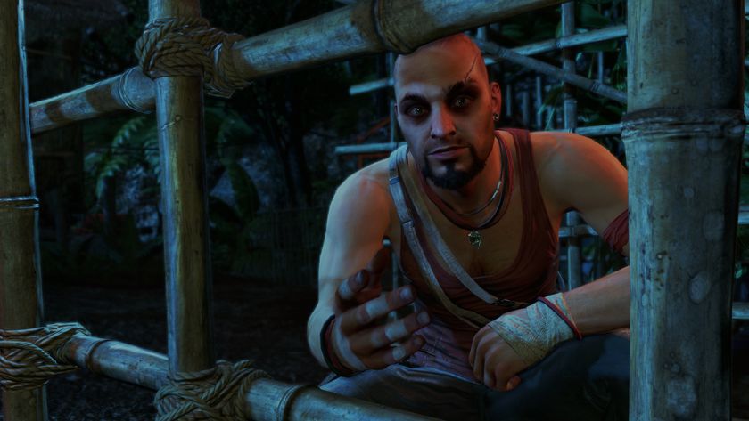 Far Cry 3 screenshot showing the game's main villain Vaas crouched down facing the player