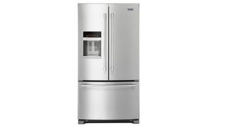 A stainless steel Maytag refrigerator with three doors