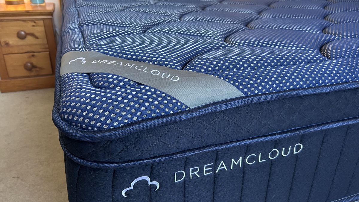 Close detail images of the DreamCloud Luxe Memory Foam mattress, showing design features like the quilted top of the bed and the handles sewn onto the sides