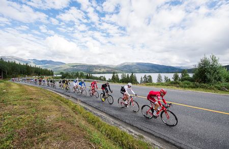 Cyclists ride during the 198,5 km second stage of the Arctic Race of Norway between Mo i Rana and Sandnessjoen