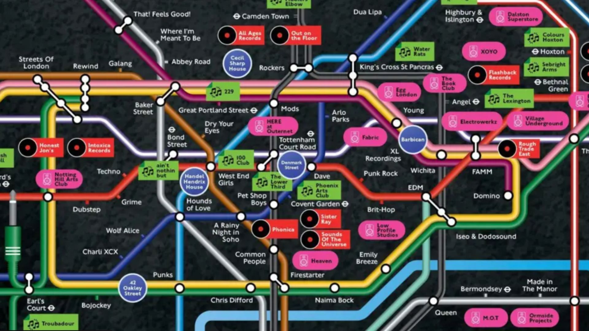 an image of the digitally redesigned London underground map which honours London's grassroots music scene. The lines are aux cables, and each line represents a different aspect of music, including: iconic venues, genres, and artists