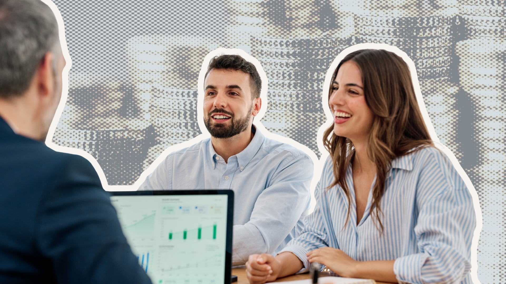 Financial advisor meeting with a smiling young adult couple discussing investment strategies and future financial planning together