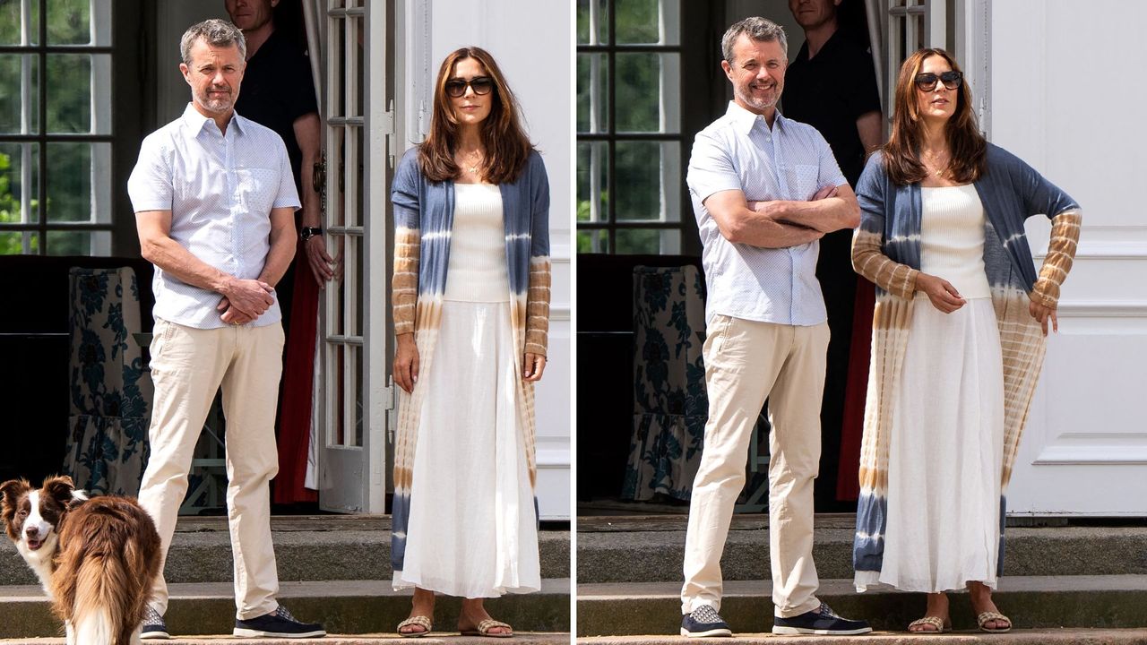 Composite of two pictures of King Frederik X of Denmark and Queen Mary, wearing a white maxi skirt and long cardigan, wait for the arrival of the guard members before reviewing the Changing of the Guard at Grasten Castle 