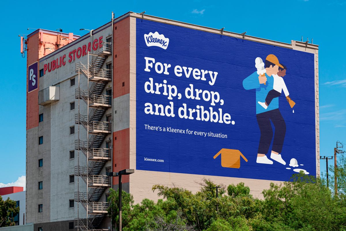 billboard for Kleenex that says ' for ever drip, drop and dribble' and an illustration of a person with a small child