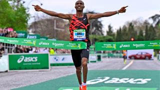 Mulugeta Uma of Ethiopia reacts after winning the Paris Marathon on April 07, 2024 in Paris, France.