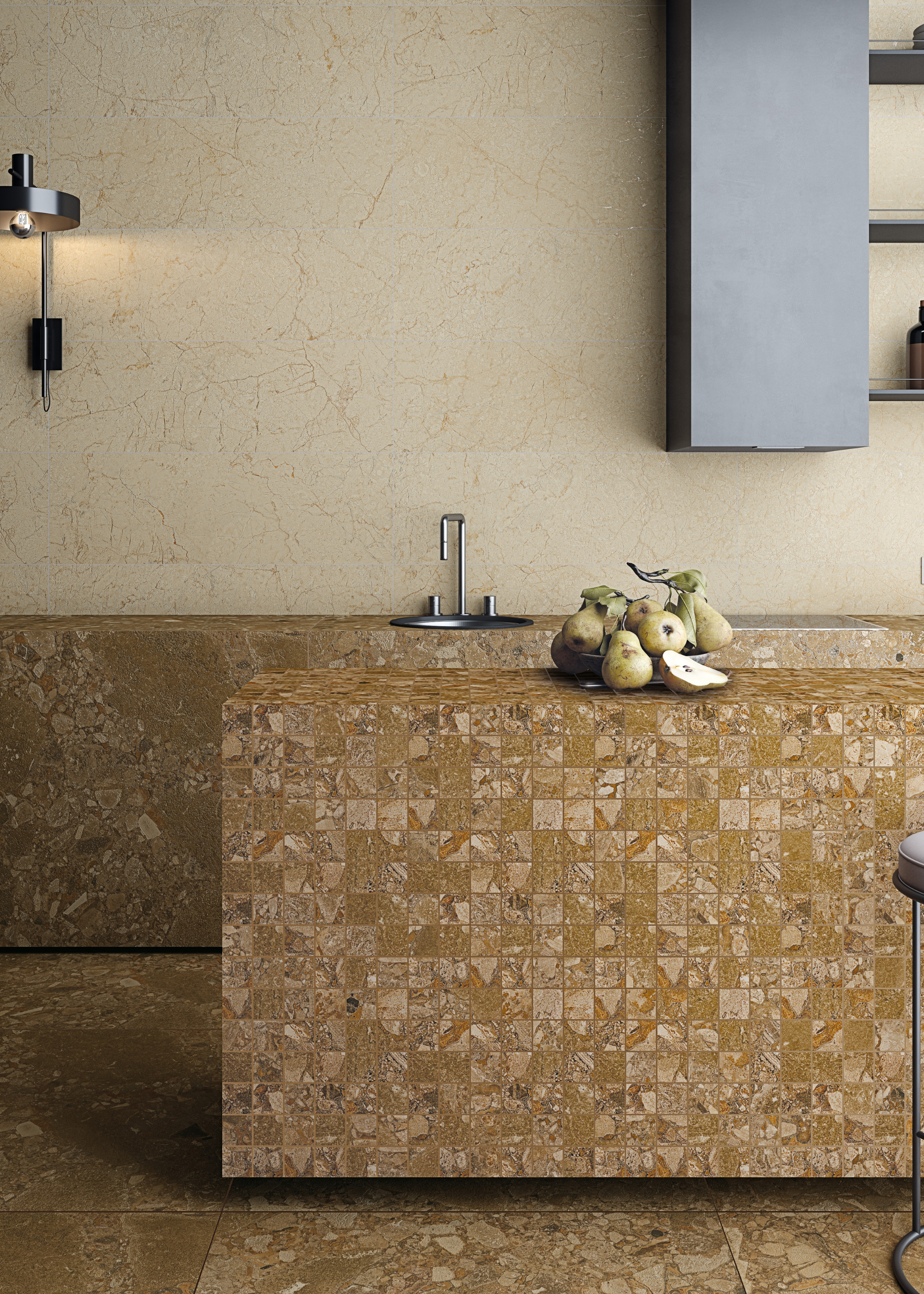 caramel chocolate brown tiles on a square kitchen island