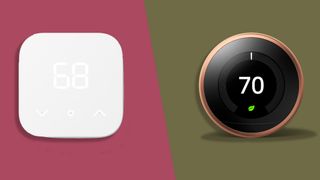 The Amazon Smart Thermostat on a pink background on the left and the Google Nest Learning Thermostat on a green background on the right