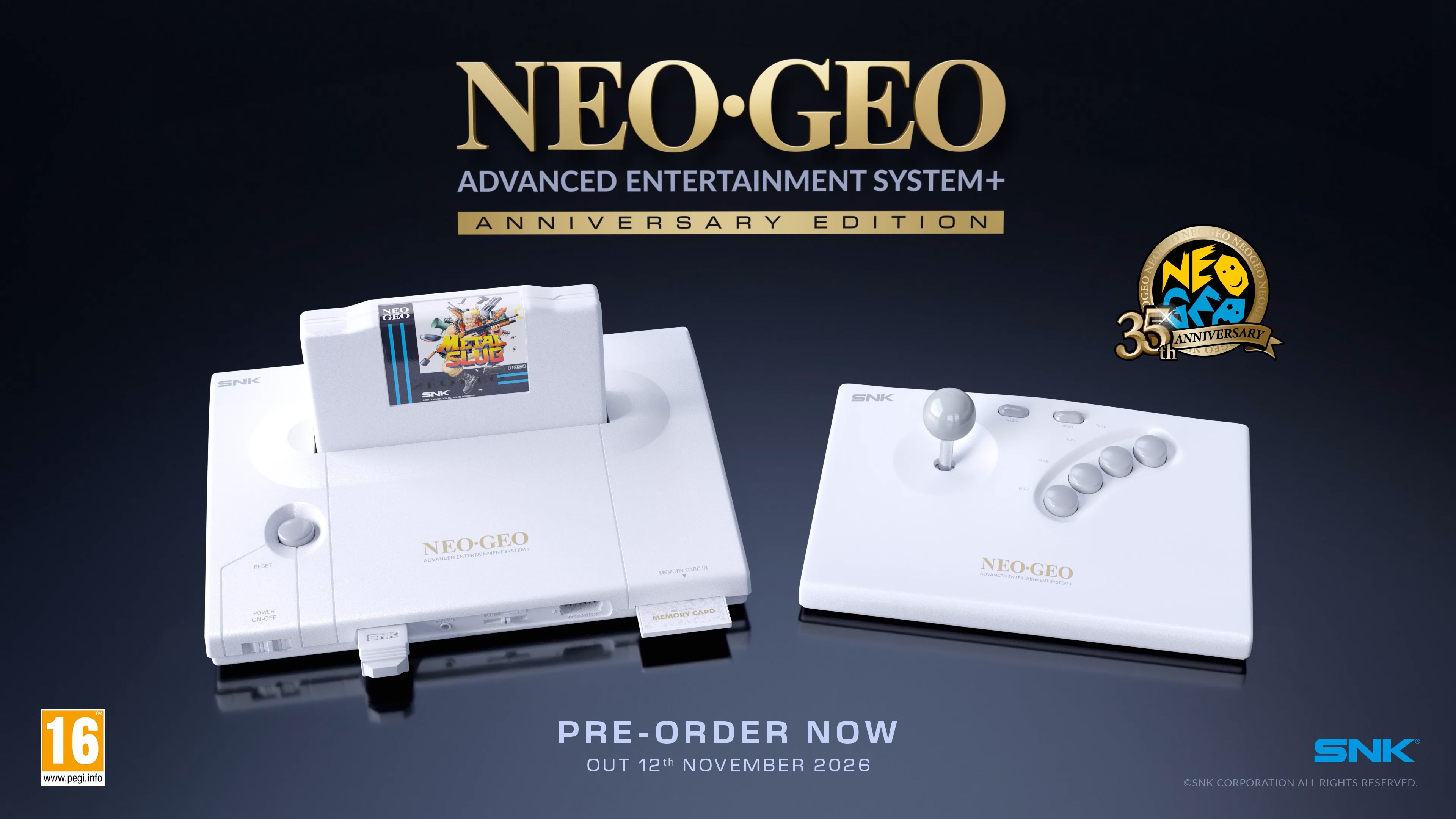 A promotional image showing the white 35th anniversary edition of the Neo Geo AES+.