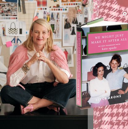 an image of fashion exec and author elyce arons sitting on a desk smiling and a photo of her book we might just make it after all 