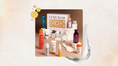 Image of the Boots Premium Hair Edit Beauty Box on a neutral background with cream and oil swatches