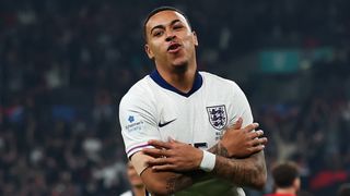 Morgan Rogers of England celebrates scoring his team's first goal during the International Friendly between England and Wales at Wembley Stadium on October 09, 2025 in London, England.