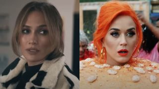 From left to right: Jennifer Lopez in the This Is Me...Now: A Love Story trailer and Katy Perry, dressed as a hamburger in Taylor Swift's "You Need To Calm Down" music video.