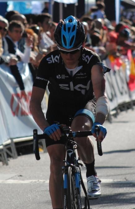 Vasil Kiryienka (Sky) crosses the finish line, quite harmed by his early crash.