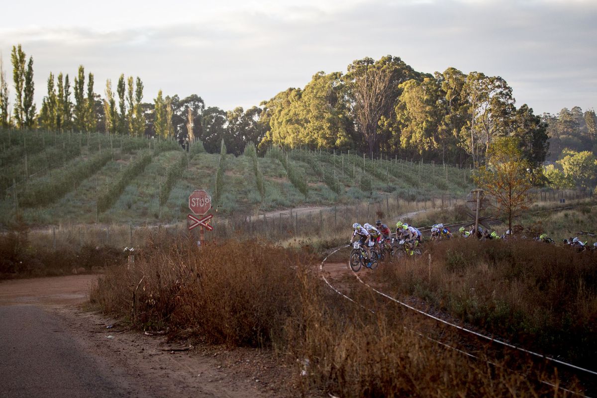 Riders leave Oak Valley during stage 1 of the 2015 Absa Cape Epic Mountain Bike stage race held from Oak Valley Wine Estate in Elgin, South Africa