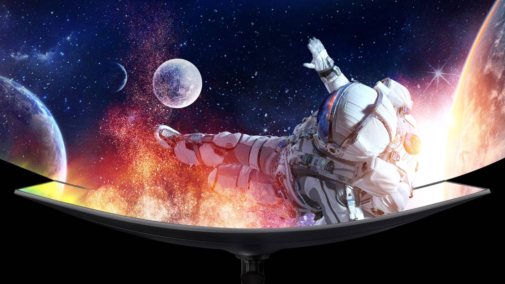 Samsung Odyssey curved monitor artwork with astronaut floating out of screen