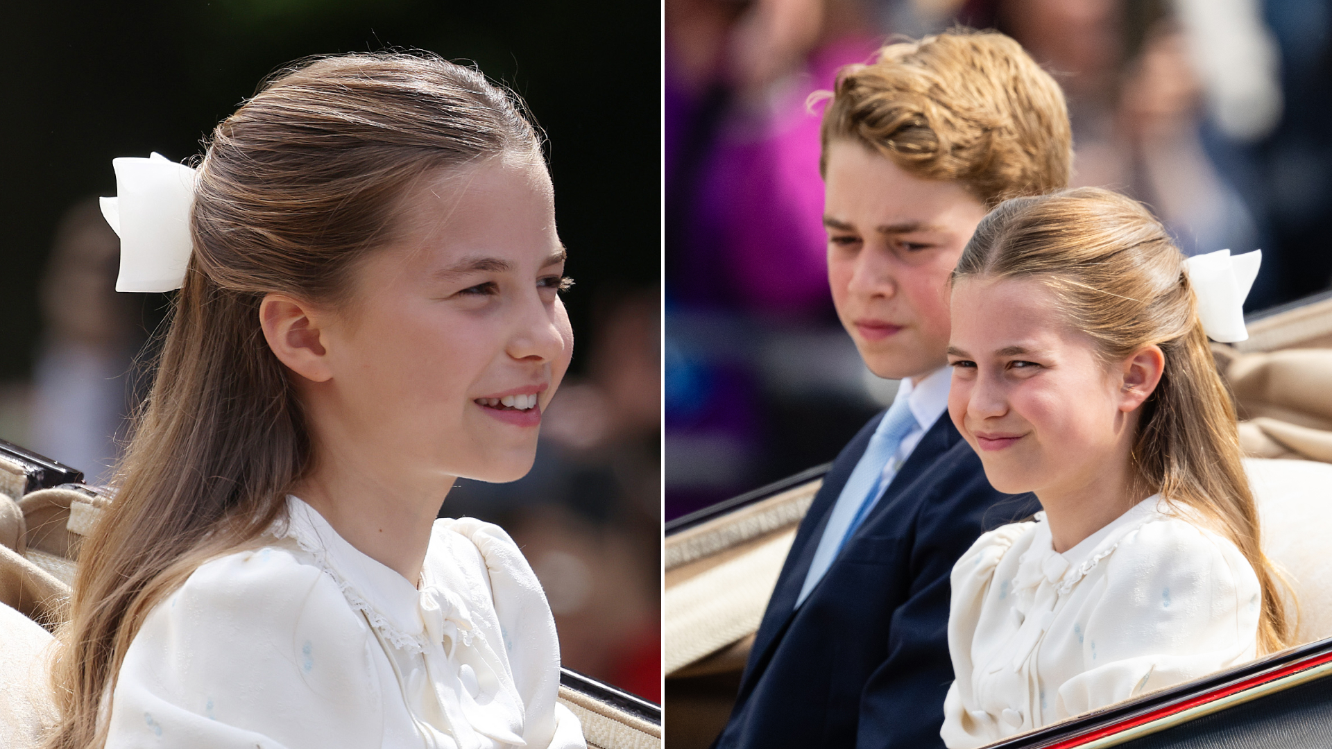Princess Charlotte wears a white bow in her hair for Trooping the Colour 2026 and sits next to brother Prince George, who wears a suit