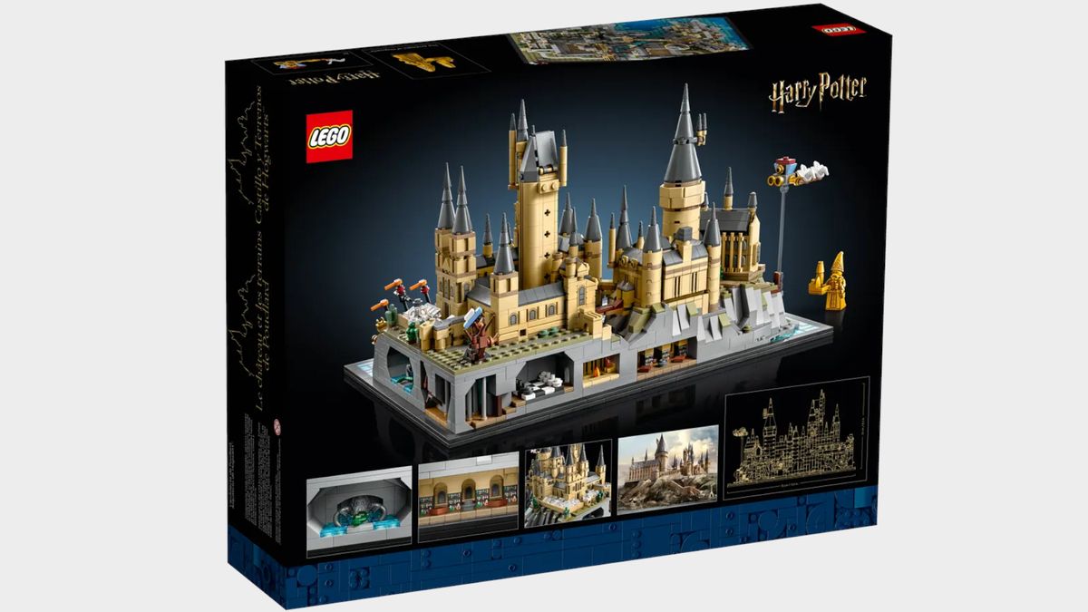 Back of the box for Lego Hogwarts Castle and Grounds on a plain background