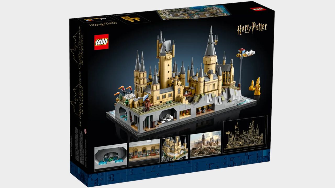 Back of the box for Lego Hogwarts Castle and Grounds on a plain background