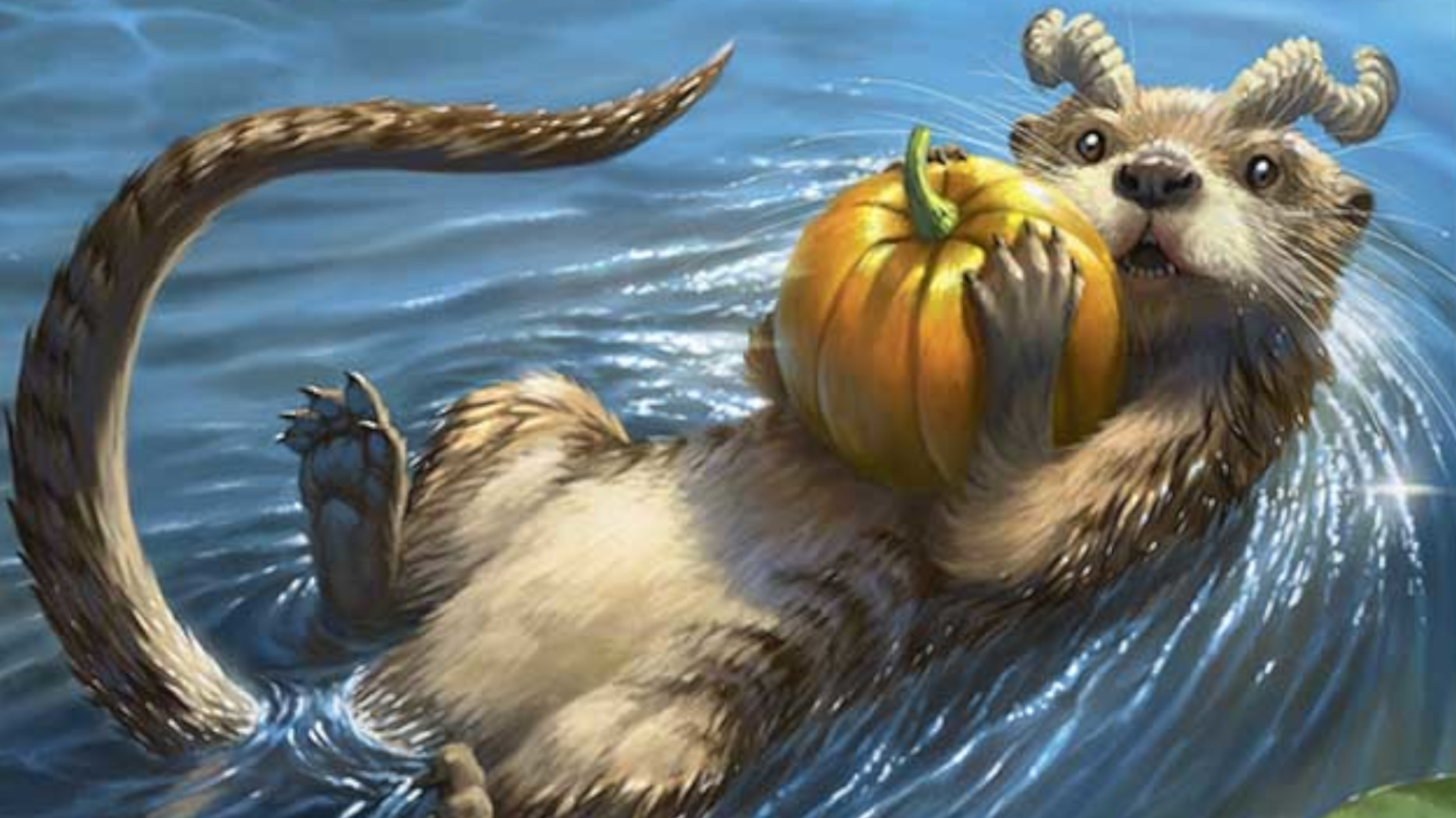 A horned otter on its back in water carrying a pumpkin looks into the foreground