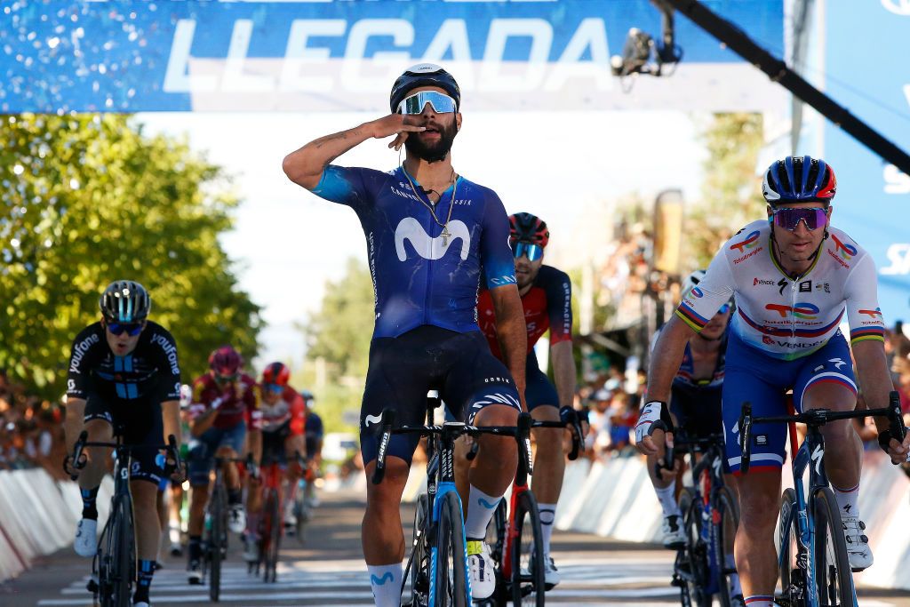 SAN JUAN ARGENTINA JANUARY 25 Fernando Gaviria of Colombia and Movistar Team celebrates at finish line as stage winner ahead of Peter Sagan of Slovakia and Team Total Energiesand Filippo Ganna of Italy and Team INEOS Grenadiers during the 39th Vuelta a San Juan International 2023 Stage 4 a 1965km stage from Autodrmo de Villicum to Barreal VueltaSJ2023 on January 25 2023 in San Juan Argentina Photo by Maximiliano BlancoGetty Images