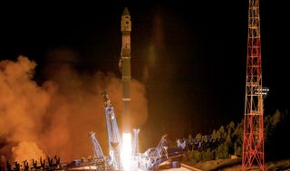 A Russian Soyuz rocket launches the Kosmos 2558 military satellite from Plesetsk Cosmodrome on Aug. 1, 2022.