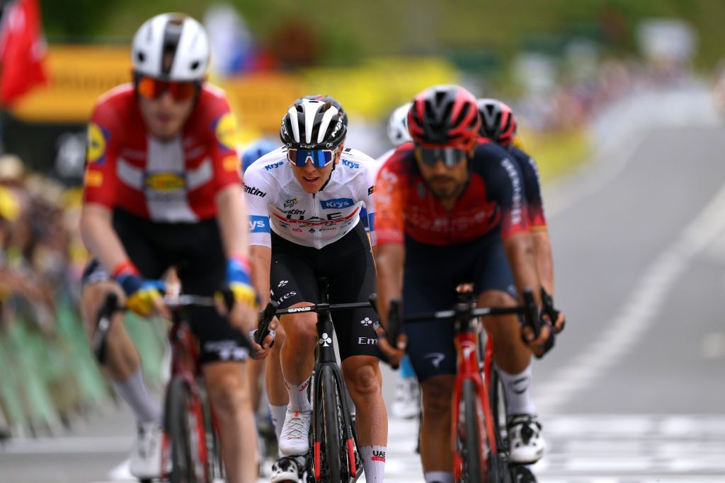 LARUNS FRANCE JULY 05 Tadej Pogacar of Slovenia and UAE Team Emirates White best young jersey crosses the finish line during the stage five of the 110th Tour de France 2023 a 1627km stage from Pau to Laruns UCIWT on July 05 2023 in Laruns France Photo by David RamosGetty Images